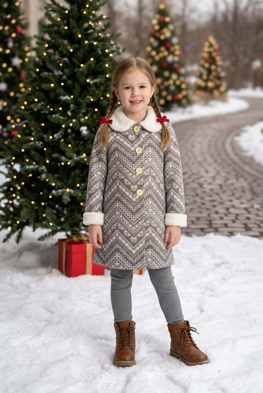 BOGO Sweet Heart Rose Girls Gray Chevron Geometric Coat with Faux Fur Trim